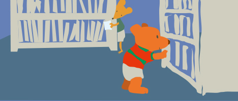 책장에서 책을 찾고있는 곰 캐릭터와 건너편 책장 너머에서 그걸 지켜보고 있는 여우 캐릭터 이미지